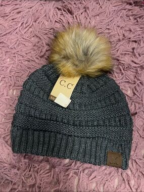 NWT C.C Charcoal Beanie with Faux Fur Pom